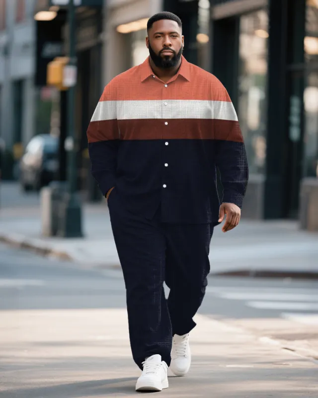 Big & Tall Men's Business Blue Colorblock Stripe Print Bamboo Hemp Texture Long Sleeve Shirt Trousers Suit sold by Biggmans