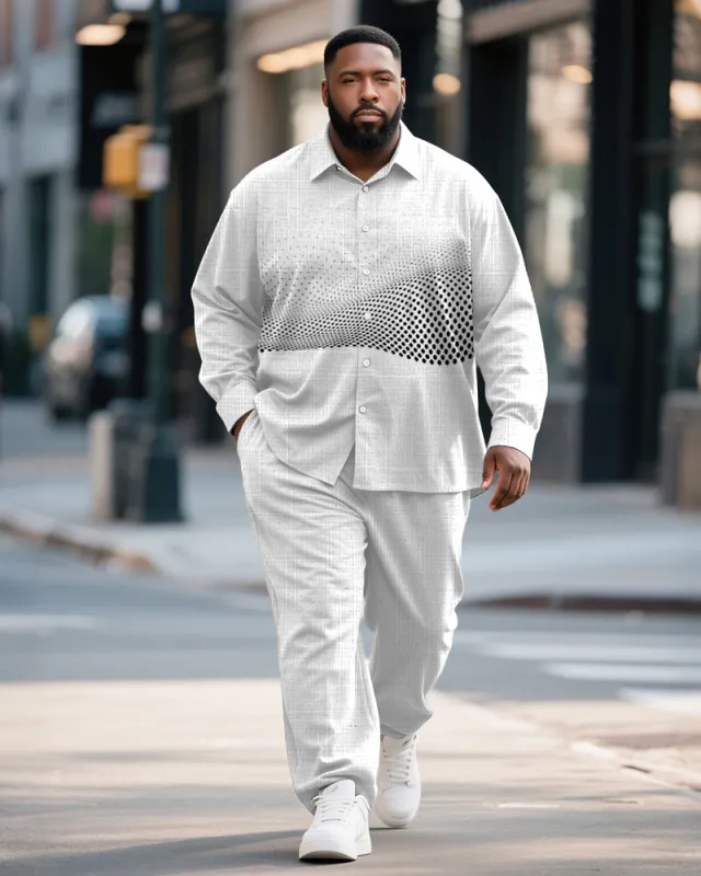 Big & Tall Men's Business White Geometric Wave Print Bamboo Hemp Texture Long Sleeve Shirt Trousers Suit sold by Biggmans