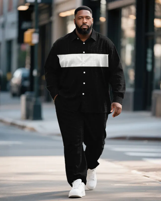 Big & Tall Men's Business Black Colorblock Stripe Print Bamboo Hemp Texture Long Sleeve Shirt Trousers Suit sold by Biggmans