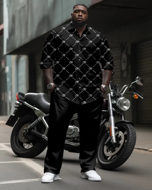 Big & Tall Men's Business Black Letter Dotted Pattern Printed Long Sleeve Shirt Trousers Suit sold by Biggmans