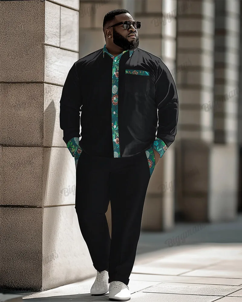 Featured Flower Plant Patchwork Pocket Long Sleeve Lar Shirt 2-Piece Set Men's Plus Size sold by Biggmans