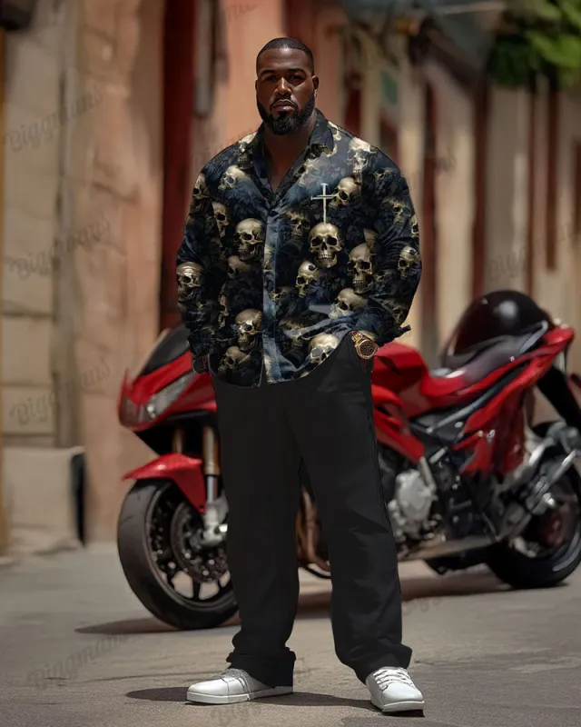 Men's Plus Size Dark Style Skull Print Long Sleeve Lapel Shirt and Pants Set sold by Biggmans