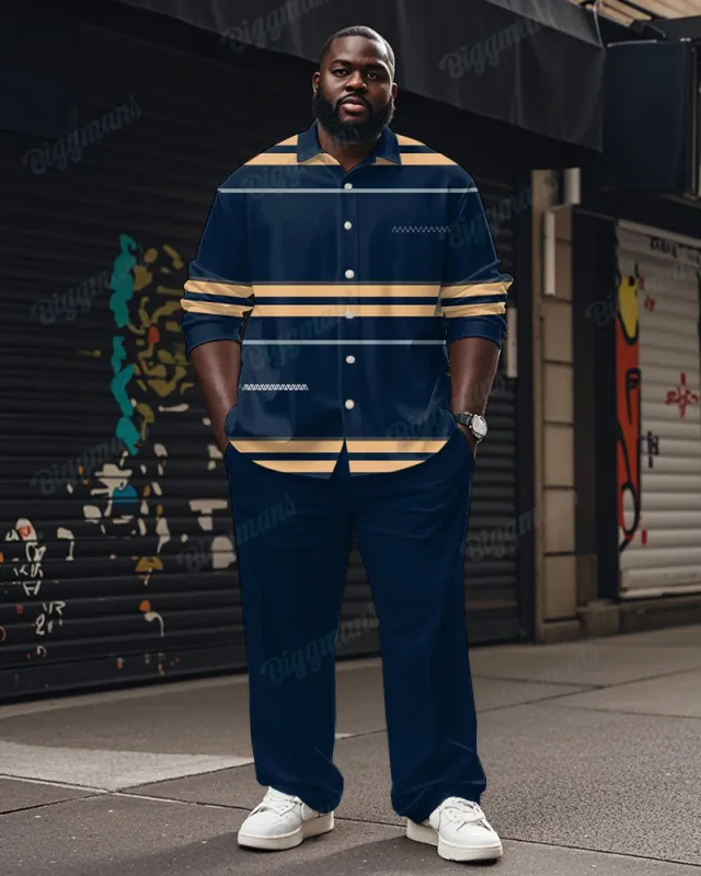 Men's Plus Size Blue Khaki Colorblock Striped Print Long Sleeve Shirt Trousers Suit sold by Biggmans