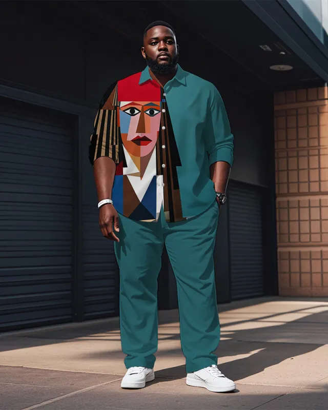 Men's Plus Size Green Blue Color Block Abstract Avatar Cartoon Print Long Sleeve Shirt Trousers Suit sold by Biggmans
