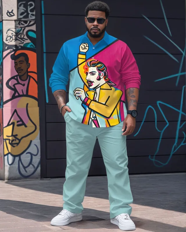 Men's Plus Size Blue Color Matching Abstract Graffiti Print Long Sleeve Shirt Trousers Suit sold by Biggmans