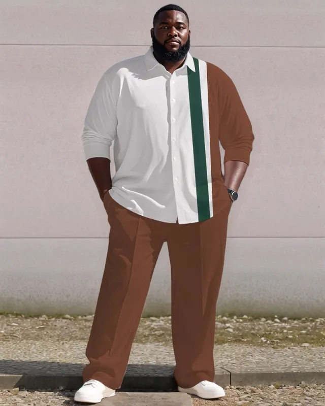 Men's Plus Size Green Brown White Colorblock Vertical Stripe Print Long Sleeve Shirt Trousers Suit sold by Biggmans