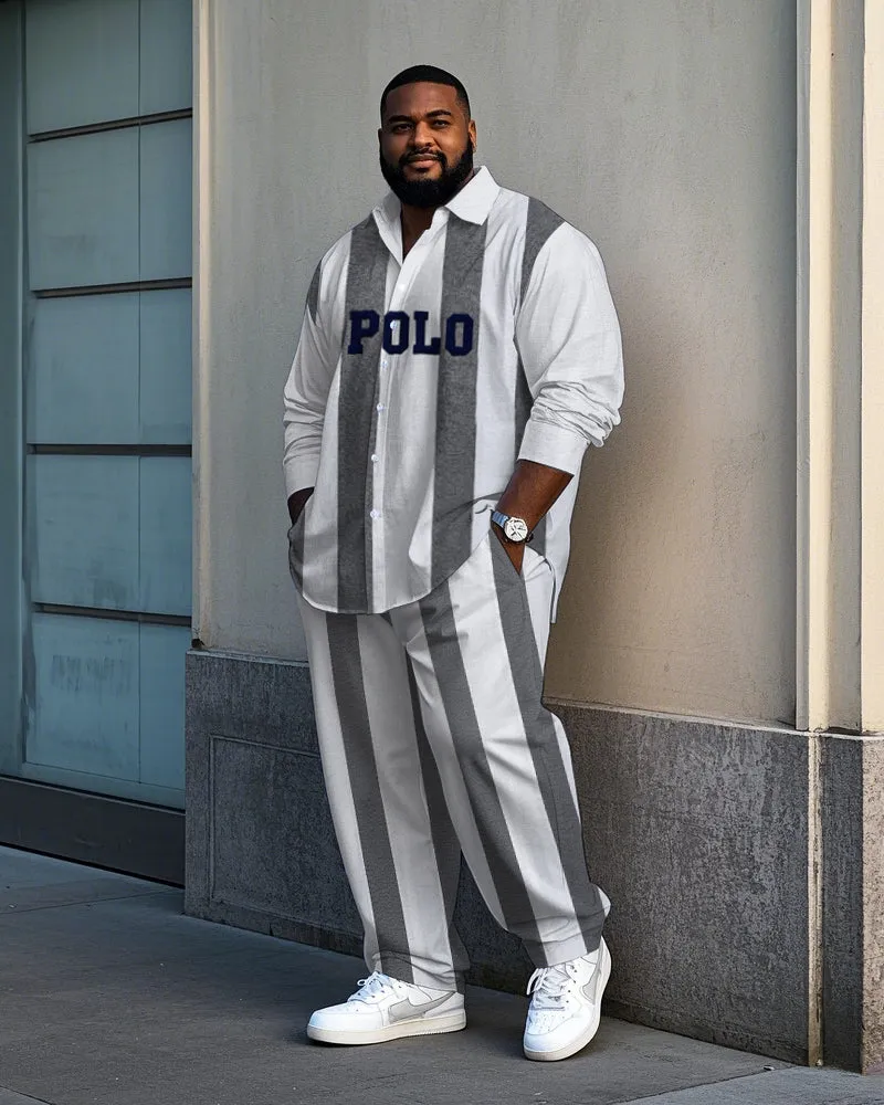 Big Men's Simple Fashion Vertical Stripe & POLO Letter Printed Long Sleeve Shirt Pants Set sold by Biggmans