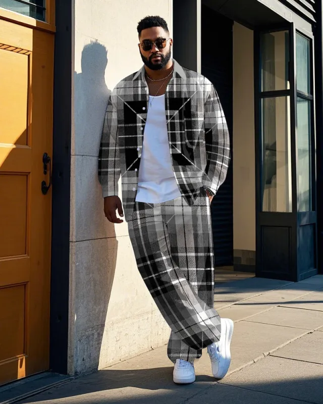 Big Guy's Gradient Black & White Plaid Printed Daily Casual Long Sleeve Shirt Pants Set sold by Biggmans
