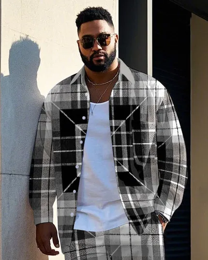 Big Guy's Gradient Black & White Plaid Printed Daily Casual Long Sleeve Shirt Pants Set sold by Biggmans product image thumbnail 2