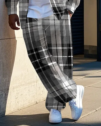 Big Guy's Gradient Black & White Plaid Printed Daily Casual Long Sleeve Shirt Pants Set sold by Biggmans product image thumbnail 3