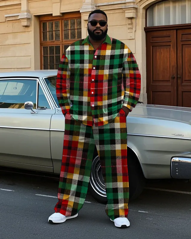 Big Men's Daily Casual Colorful Plaid All Over Printed Long Sleeve Shirt Pants Set sold by Biggmans