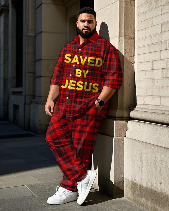 Big Guy's Daily Casual SAVED BY JESUS Red Plaid Printed Long Sleeve Shirt Pants Set sold by Biggmans