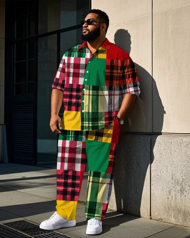 Big Men's Colorful Plaid Splicing Style Daily Casual Long Sleeve Shirt Pants Set sold by Biggmans
