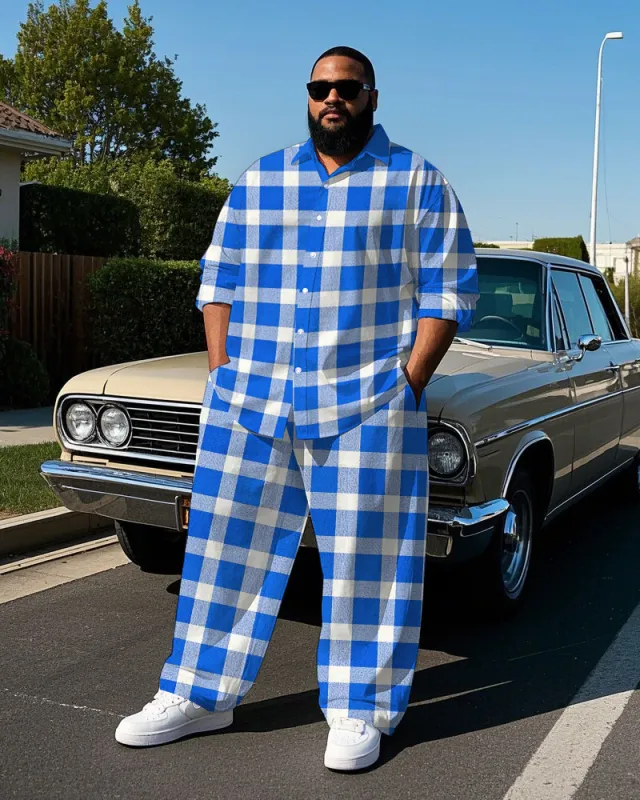 Men's Simple Gentlemen Blue Plaid Printed Daily Casual Big & Tall Long Sleeve Shirt Pants Set sold by Biggmans