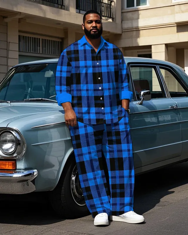 Big Men's Simple Classic Blue & Black Plaid Printed Daily Casual Long Sleeve Shirt Pants Set sold by Biggmans