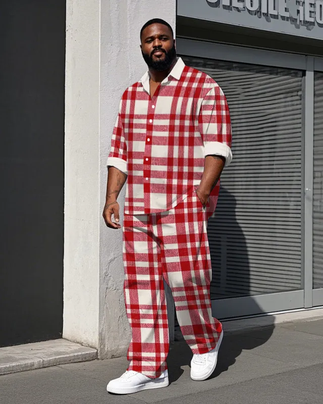 Men's Big Size Daily Casual Classic Simple Red Plaid Printed Long Sleeve Shirt Pants Set sold by Biggmans