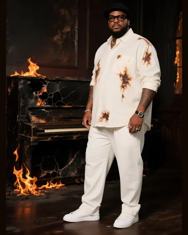 Big Boy Essential 2025 Fashion Art Flame Burn Mark Simple Long Sleeve Shirt Trousers Suit sold by Biggmans
