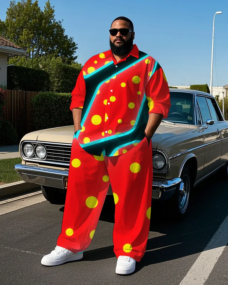 Men's Artistic Stripes Polka Dot Printed Casual Big and Tall Long Sleeve Shirt Pants Set sold by Biggmans