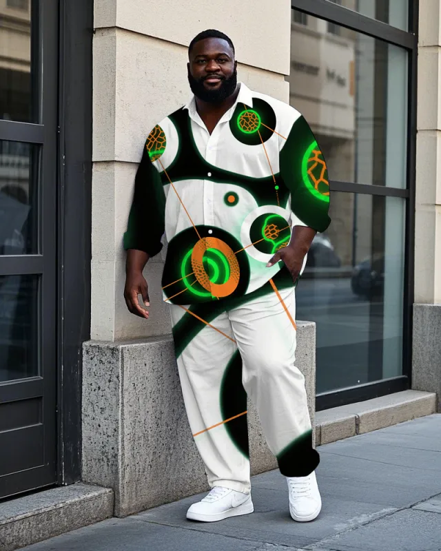 Big Men's Casual Abstract 3D Circle Printed Street Fashion Long Sleeve Shirt Pants Set sold by Biggmans