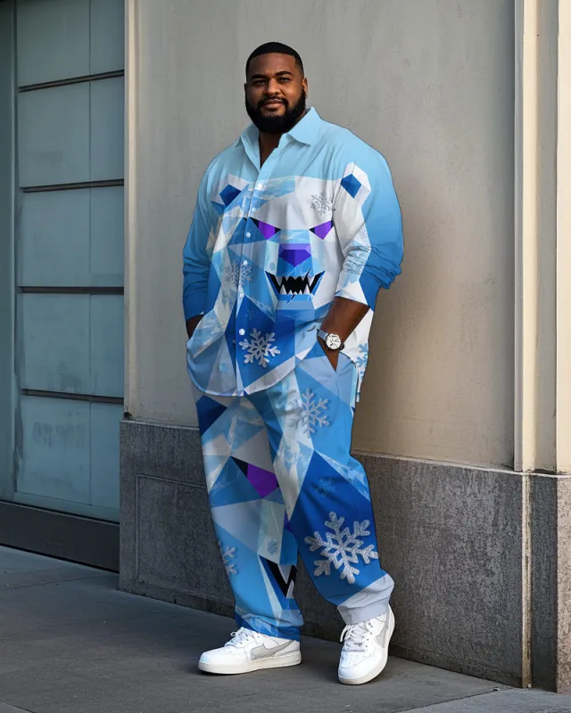 Big and Tall Men's Fashion Cool Bear Snowflake Printed Lapel Long Sleeve Shirt Pants Set sold by Biggmans