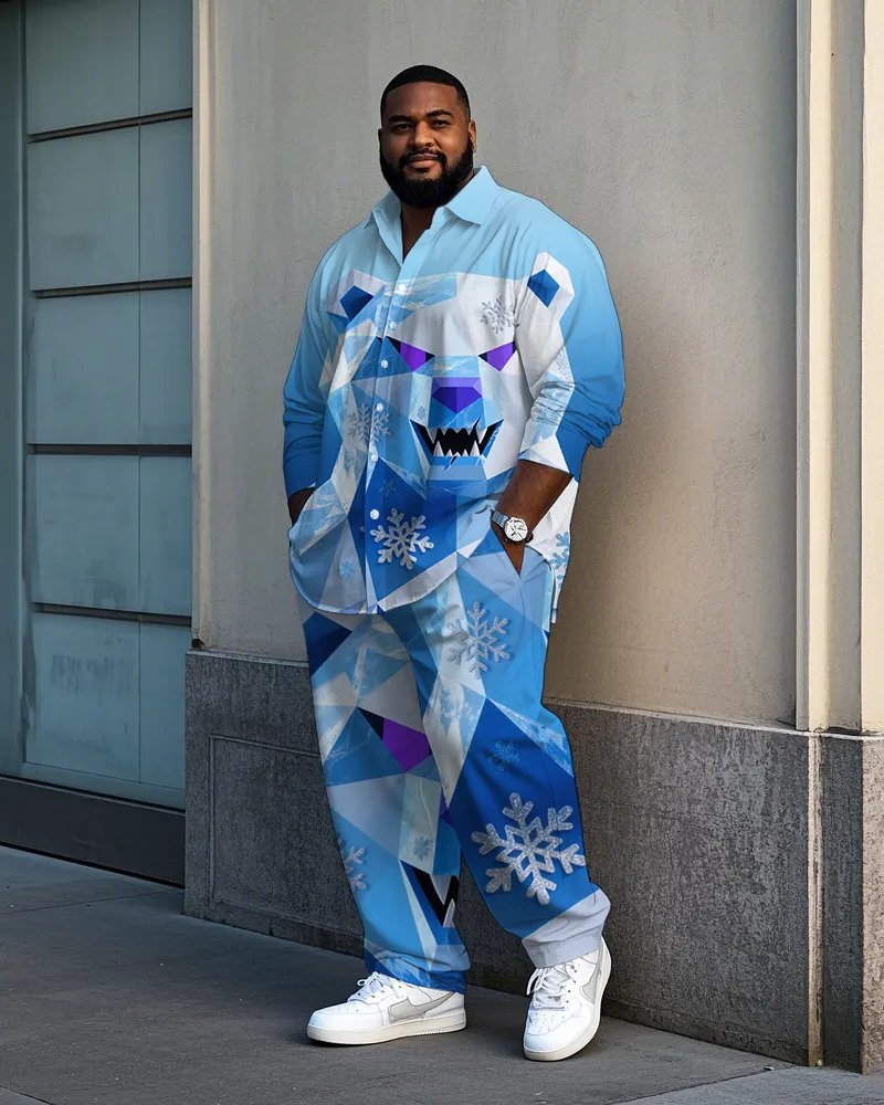 Big and Tall Men's Fashion Cool Bear Snowflake Printed Lapel Long Sleeve Shirt Pants Set sold by Biggmans
