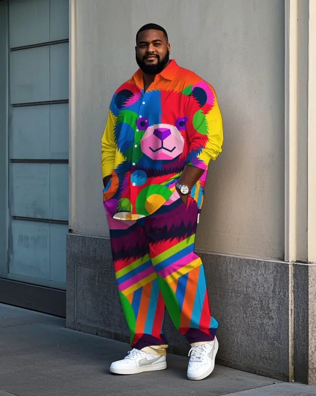 Big and Tall Men's Casual Colorful Bear Graffiti Animal Printed Long Sleeve Shirt Pants Set sold by Biggmans
