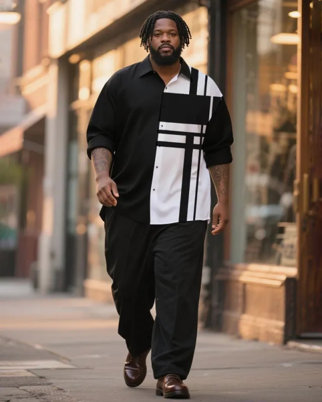 Big & Tall Men's Business Black And White Color Matching Check Print Long Sleeve Shirt Trousers Suit sold by Biggmans