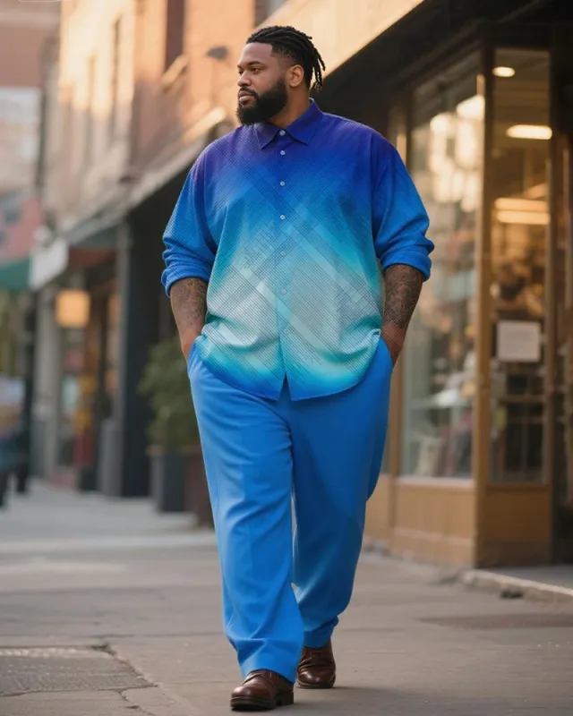Big & Tall Men's Business Gradient Blue Check Print Long Sleeve Shirt Trousers Suit sold by Biggmans