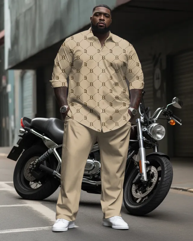 Big & Tall Men's Business Khakis B Letter Dotted Pattern Printed Long Sleeve Shirt Pants Suit sold by Biggmans