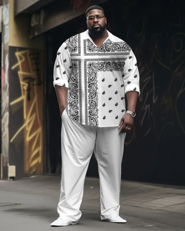 Men's Plus Size Street Fashion White Vintage Cashew Pattern Long Sleeve Shirt Trousers Suit sold by Biggmans
