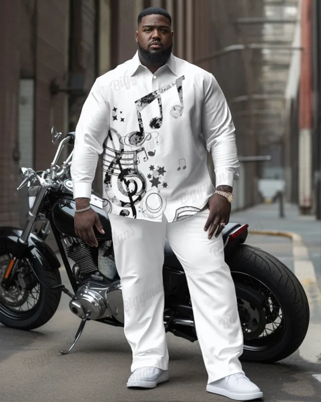 Artistic Distressed Rune Print Long Sleeve Lapel Shirt 2-piece Men's Plus Size sold by Biggmans
