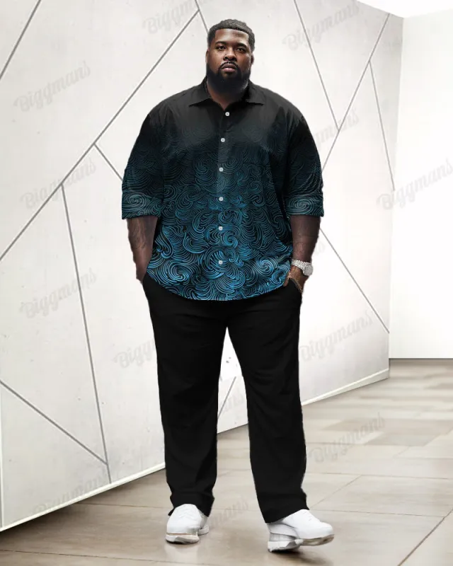 Gradient Irregular Pattern Print Long Sleeve Lapel Shirt 2-Piece Set Men's Plus Size sold by Biggmans