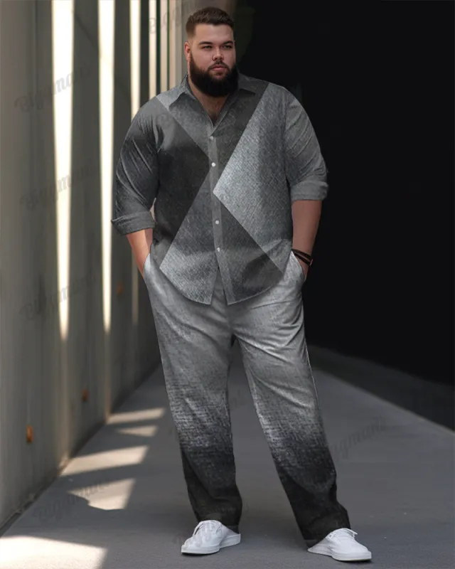 Gradient Geometric Print Long Sleeve Lapel Shirt 2 Piece Set Men's Plus Size sold by Biggmans