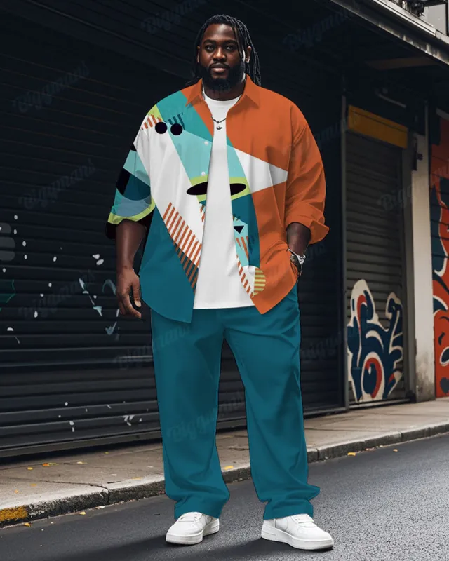 Men's Plus Size Blue Color Block Abstract Cartoon Print Long Sleeve Shirt Trousers Suit sold by Biggmans