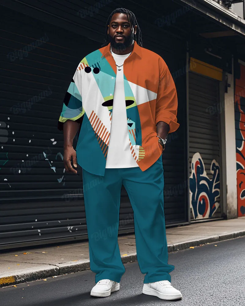 Men's Plus Size Blue Color Block Abstract Cartoon Print Long Sleeve Shirt Trousers Suit sold by Biggmans