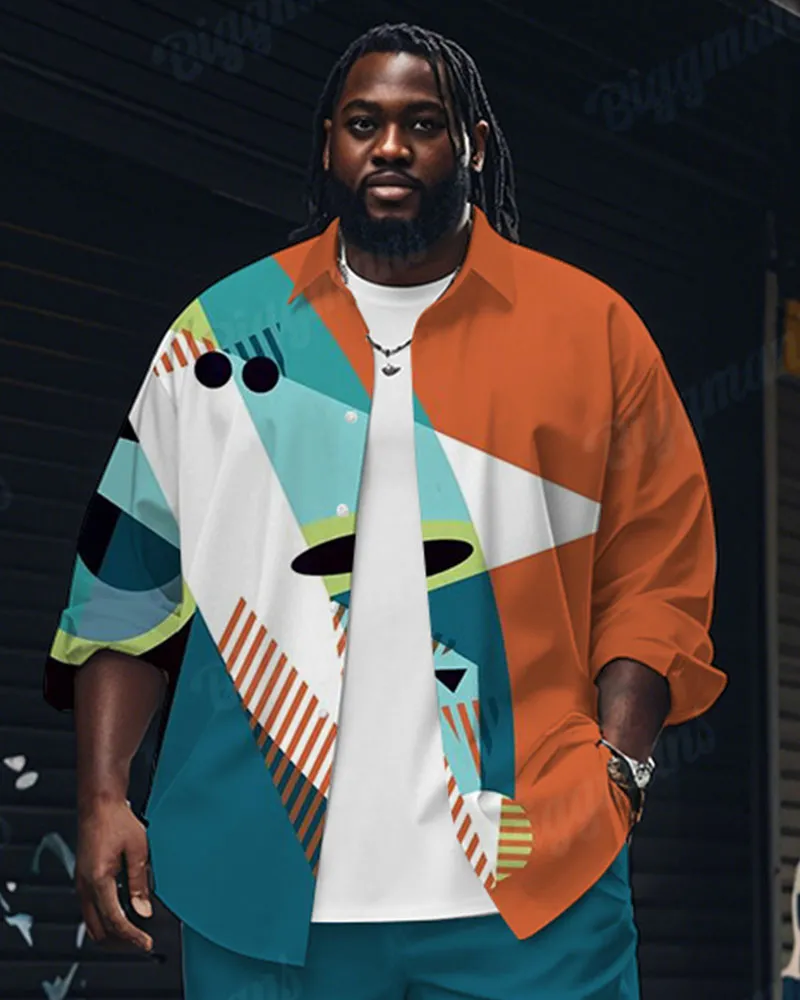 Men's Plus Size Blue Color Block Abstract Cartoon Print Long Sleeve Shirt Trousers Suit sold by Biggmans product image thumbnail 2