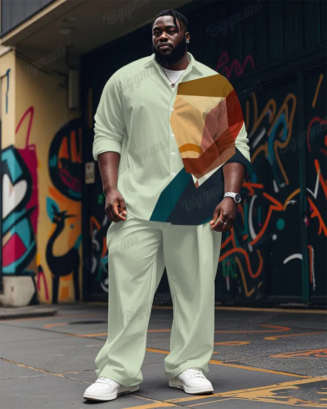 Men's Plus Size Green Color Block Abstract Cartoon Printing Long Sleeve Shirt Trousers Suit sold by Biggmans