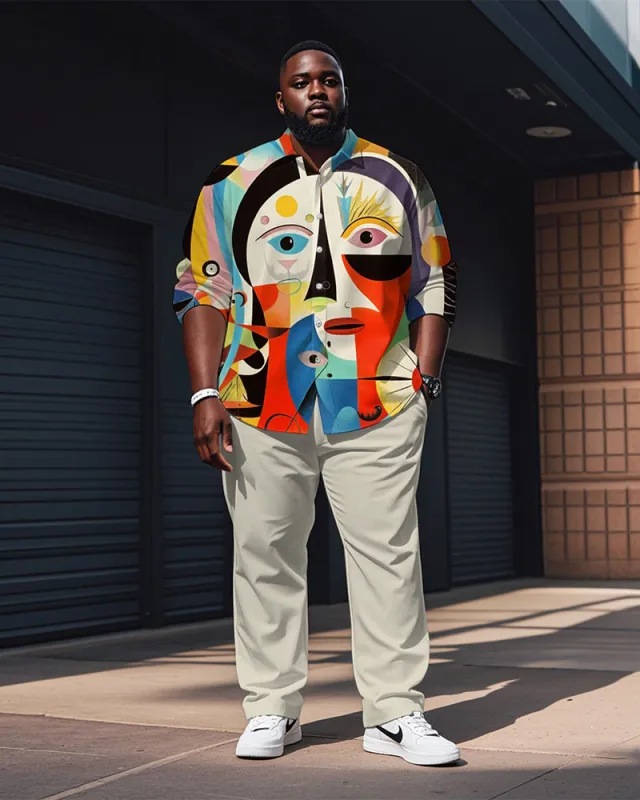 Men's Plus Size Multicolor Pop Colorblock Abstract Print Long Sleeve Shirt Trousers Suit sold by Biggmans