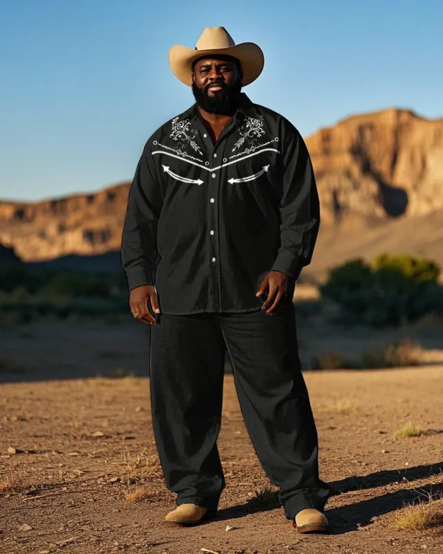 Big Guy's Western Cowboy Style Simple Embroidery Printed Long Sleeve Shirt Pants Set sold by Biggmans