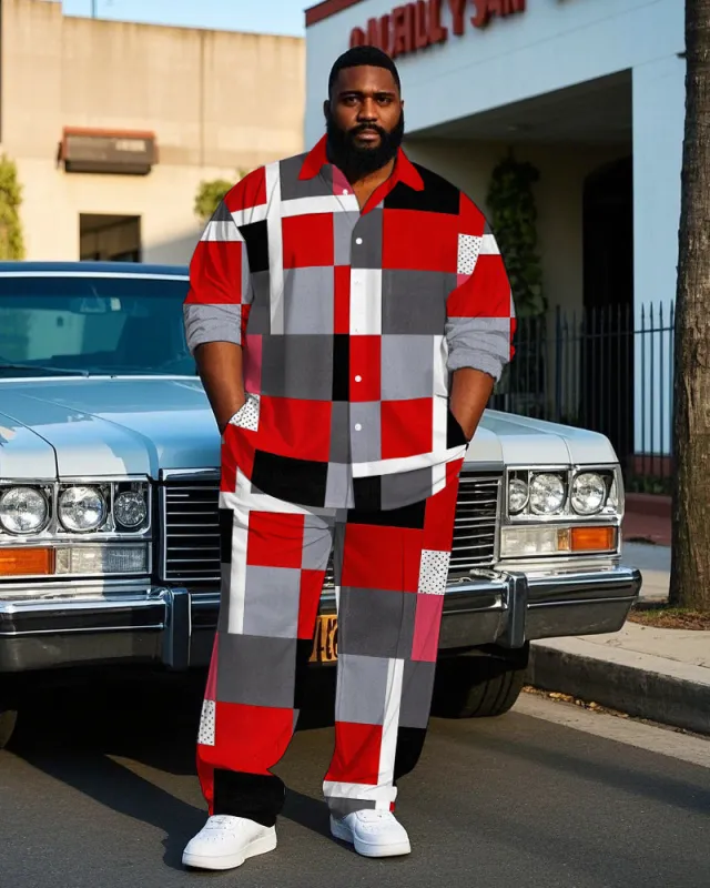 Men's Daily Casual Classic Big Plaid All Over Printed Big & Tall Long Sleeve Shirt Pants Set sold by Biggmans