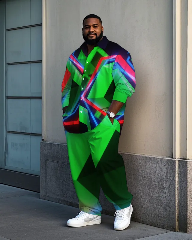 Big & Tall Men's Modern Abstract Geometric Pattern Printed Long Sleeve Shirt and Pants Set sold by Biggmans