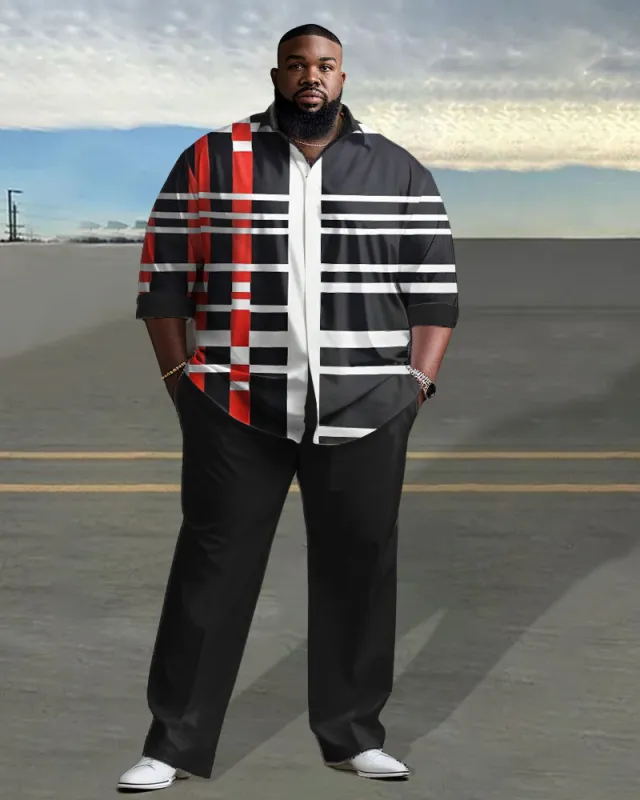 Men's Plus Size Red and White Lines Long Sleeve Lapel 2 Shirt Set sold by Biggmans