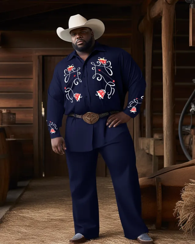 Men's Plus Size Western Denim Style Floral Long Sleeve Trousers Two-Piece Set sold by Biggmans