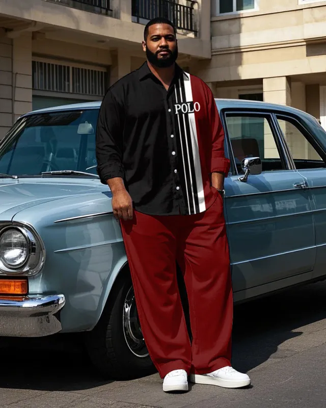 Big Guy's Modern Style POLO Letter with Vertical Splicing Stripe Printed Long Sleeve Shirt Pants Set sold by Biggmans