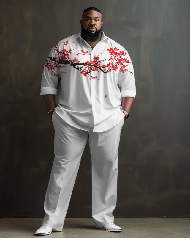 Men's Plus Size Simple Plum Blossom Print Long Sleeve Lapel 2 Shirt Set sold by Biggmans