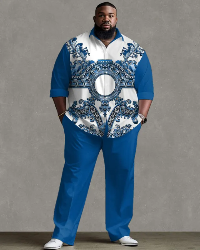 Men's Plus Size Daily Casual Retro Color Matching Pattern Long Sleeve Shirt Trousers Suit sold by Biggmans