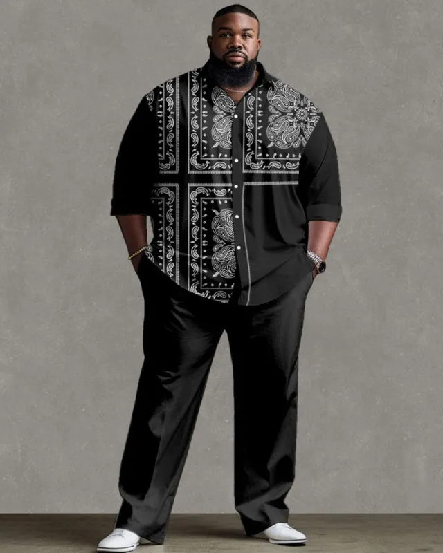 Men's Plus Size Street Fashion Vintage Stitching Pattern Long Sleeve Shirt Trousers Suit sold by Biggmans