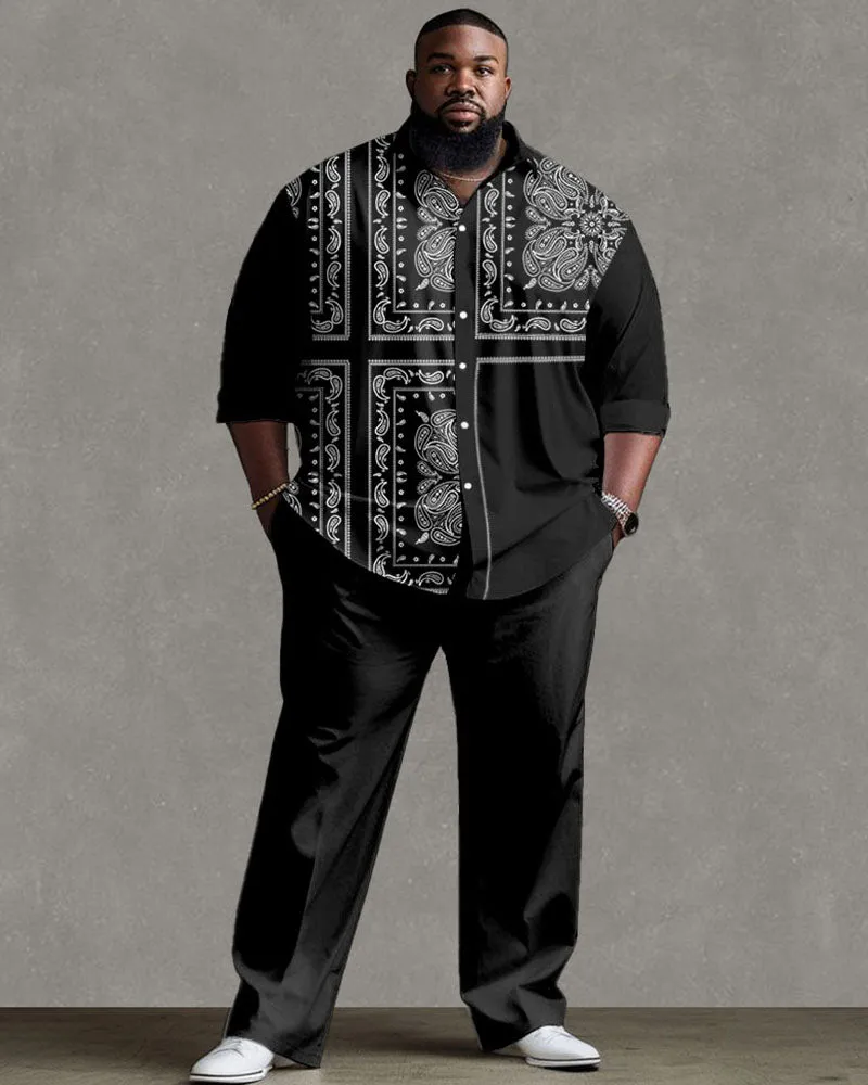 Men's Plus Size Street Fashion Vintage Stitching Pattern Long Sleeve Shirt Trousers Suit sold by Biggmans