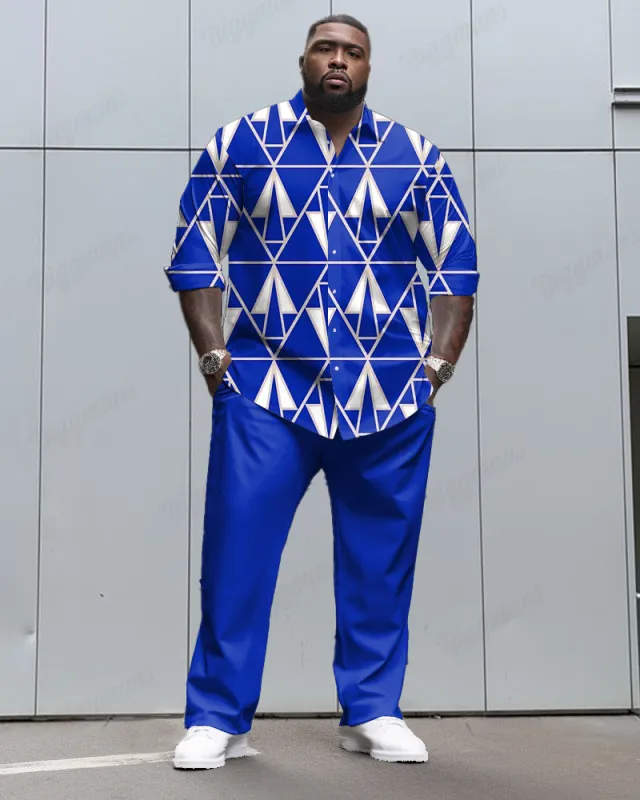 Geometric Triangle Textured Long Sleeve Leverage Shirt 2 Piece Set Men's Plus Size sold by Biggmans