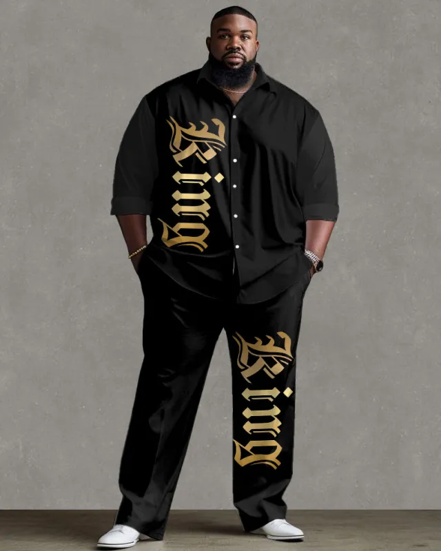 Men's Plus Size Fashion Simple Gold letters King Print Long Sleeve Lel Shirt Two-Piece Set sold by Biggmans
